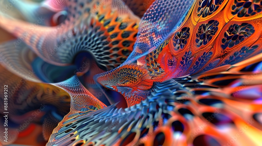 Poster abstract digital artwork with vibrant patterns inspiring sound waves and quantum mechanics explorati
