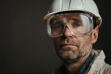 Fototapeta premium A man wearing a hard hat and safety goggles, indicating he is a construction worker on a building site. He appears to be focused on his work.