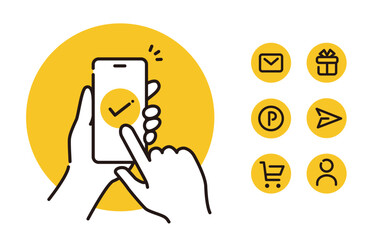 キャッシュレス、メール送受信、オンライン決済説明などに使える スマートフォンをタッチするイラスト素材 © UK