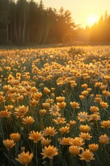 Obraz premium The grassland is covered with dense yellow spiky structures, like fireworks blooming in the sunset sky.