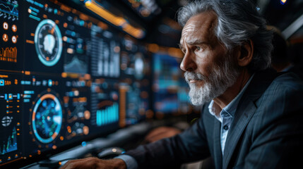 A man in a futuristic setting monitoring an advanced digital interface displaying global data and analytics, highlighting modern technology and data analysis.