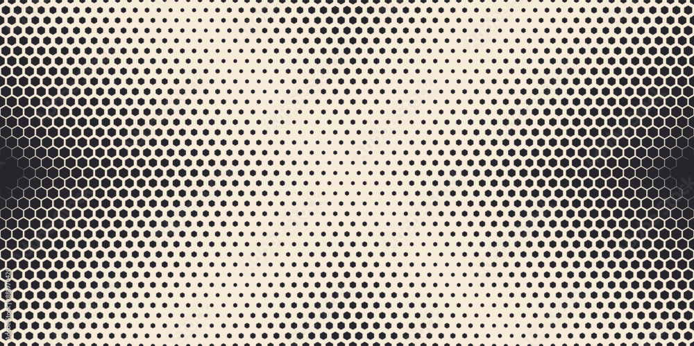 Poster Dynamic Moving X Cross Hexagons on Hexagonal Grid. Abstract Geometric Monochrome Pattern. Abstract Tech Background. Vector Illustration. Halftone Multi Scale Pattern.
