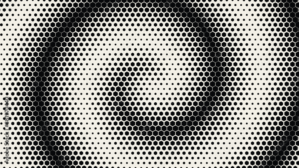 Poster Dynamic Moving Hexagons on Hexagonal Grid. Abstract Geometric Monochrome Pattern. Abstract Tech Background. Vector Illustration. Halftone Multi Scale Pattern.