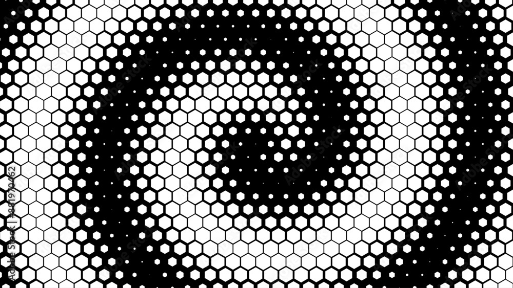 Aufkleber Dynamic Moving Hexagons on Hexagonal Grid. Abstract Geometric Monochrome Pattern. Abstract Tech Background. Vector Illustration. Halftone Multi Scale Pattern.