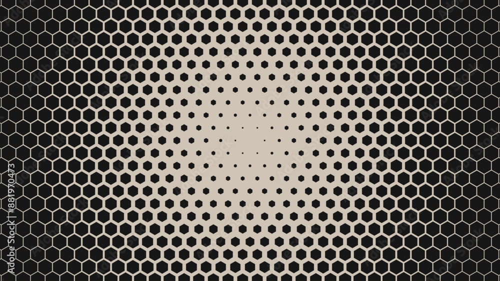 Poster Dynamic Moving Hexagons Ring Circle on Hexagonal Grid. Abstract Geometric Monochrome Pattern. Abstract Tech Background. Vector Illustration. Halftone Multi Scale Pattern.