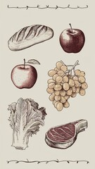 Vintage botanical illustration featuring various fruits and vegetables