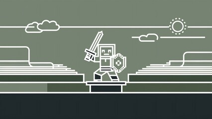 Minimalist, monochrome landscape illustration with a simple building structure.