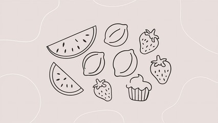 Hand-drawn, doodle-style illustration of various fruits and desserts.