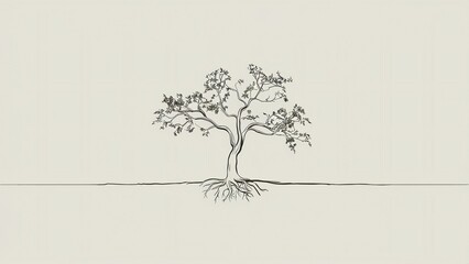 Elegant, line-art illustration of a solitary tree with delicate, branching silhouette.