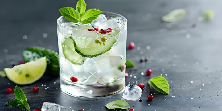 Local gin with cucumber lime pink peppercorns on rocks refreshing mix. Concept Local gin, Cucumber lime, Pink peppercorns, Refreshing mix, On the rocks