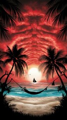 Vibrant, tropical sunset landscape with silhouetted palm trees and a small boat on the water.