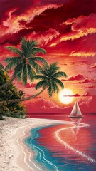 Stunning, vibrant landscape depicting a tropical beach paradise at sunset.