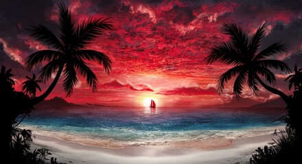 Breathtaking tropical sunset landscape with silhouetted palm trees and a lone sailboat on the horizon.
