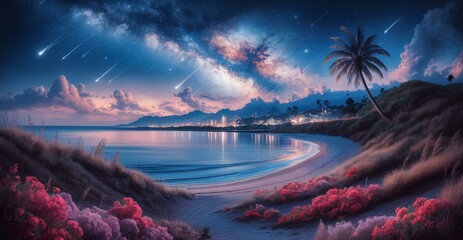 Vibrant, cinematic landscape depicting a tropical sunset over a tranquil beach scene.