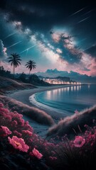 Dreamlike, surreal landscape of a tropical beach sunset with glowing, bioluminescent plants in the foreground