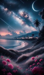 Enchanting, fantasy landscape depicting a mesmerizing tropical beach scene under a starry night sky.