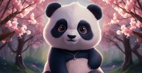 Endearing, whimsical illustration of a cute panda bear surrounded by blooming cherry blossom trees.