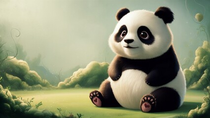 Charming, whimsical illustration of a cute panda bear sitting peacefully in a serene, nature-filled landscape.