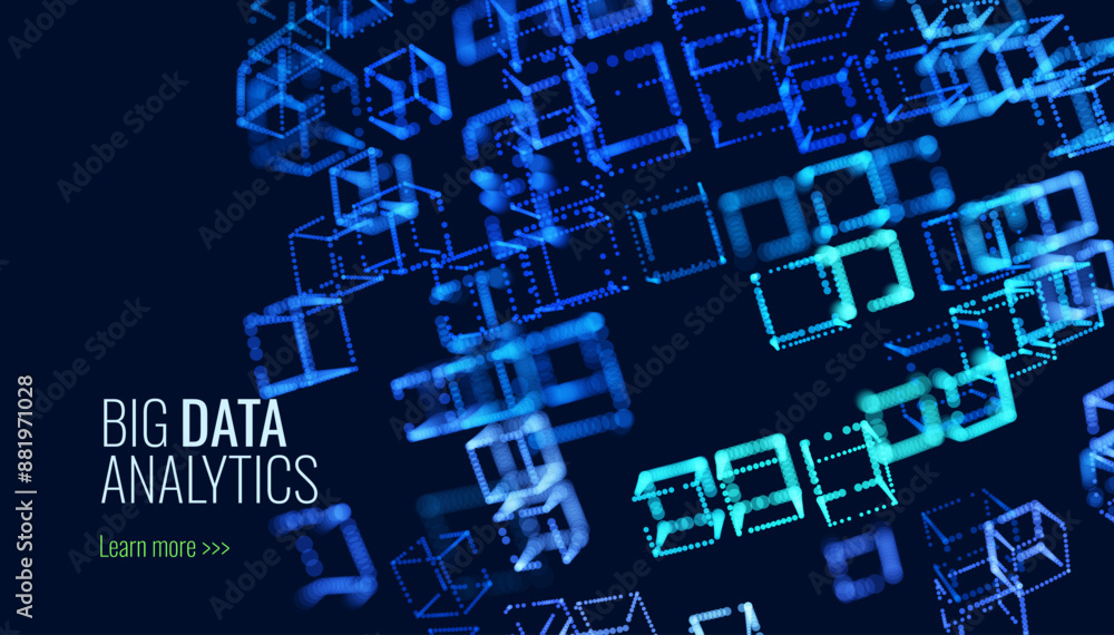 Poster Big Data 3D Cubes Quantum Computer Server Concept Background. 3D Blockchain Cube Blocks Concept. Data Core Abstract Cubes. Artificial Intelligence HUD Design Element.