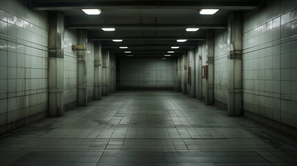 Empty, dimly lit underground hallway with tiled walls and floors, characterized by a repetitive and symmetrical industrial design.