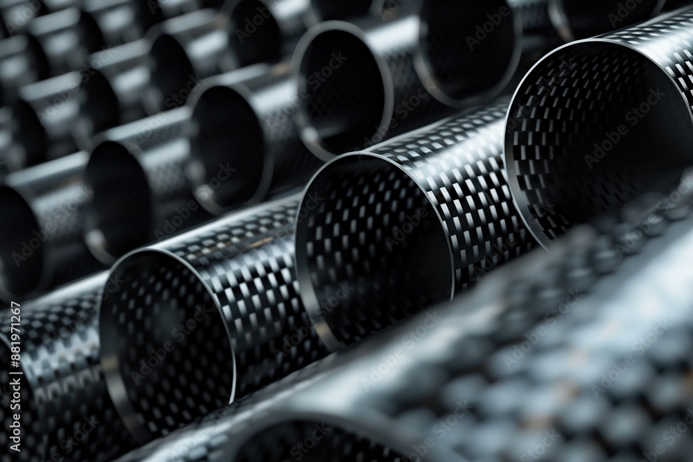 Poster Close-up view of unique carbon fiber pipes arranged in grid-like pattern. Each pipe has distinct shape, size, and color creating visual interest. Background blurred to focus on intricate design.