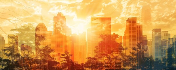 Obraz premium A stunning sunset over a modern cityscape with skyscrapers and trees, blending urban and natural elements in a warm, serene light.