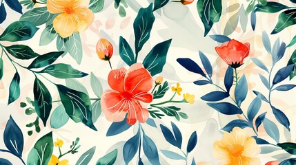 Fototapeta premium Elegant Generative AI Botanical Watercolor Wallpaper Pattern with Floral Design