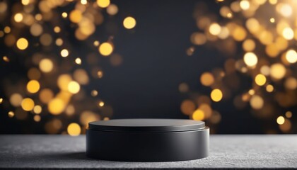 Black podium with abstract natural bokeh for product display, banner 