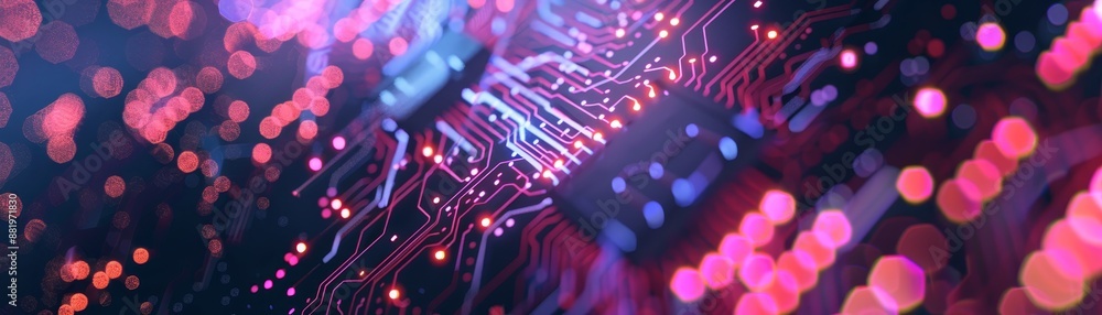 Poster abstract technology background featuring illuminated circuit board with vibrant colors and bokeh lig