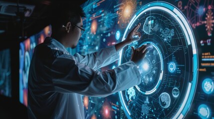 Obraz premium Photograph of a doctor reading an MRI brain scan on a screen, created with Generative AI technology.