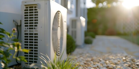 Residential building with sustainable energy from ground source heat pump installation. Concept Sustainable Energy, Ground Source Heat Pump, Residential Building, Installation, Renewable Technology