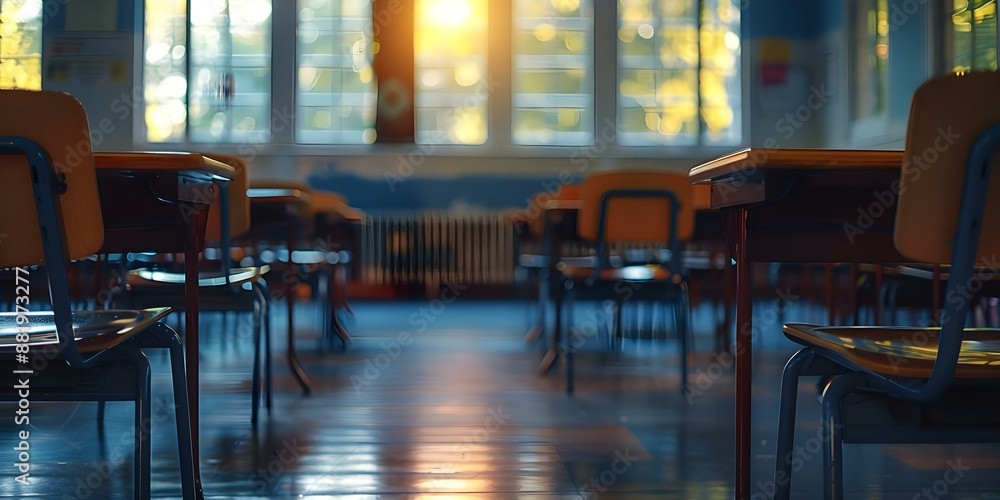 Poster empty dark classroom with looping 4k timelapse animation of desks and chairs. concept classroom, tim