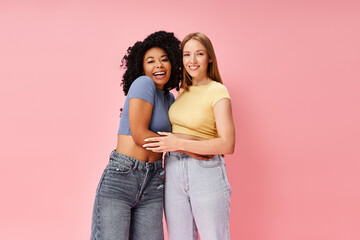 Fototapeta premium Two diverse women in cozy casual attire stand side by side on a pink background.