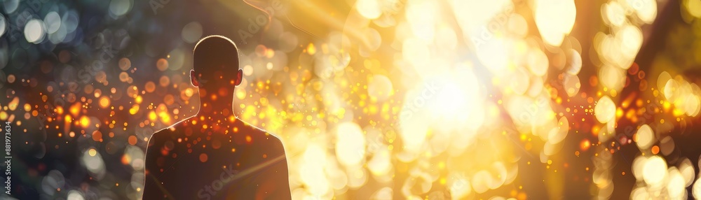 Poster silhouette of a person standing against a backdrop of golden bokeh lights and warm sunlight, creatin