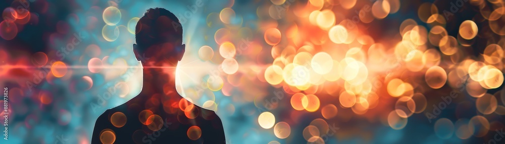 Poster silhouette of a person with a vibrant, abstract background of colorful bokeh lights, creating a drea