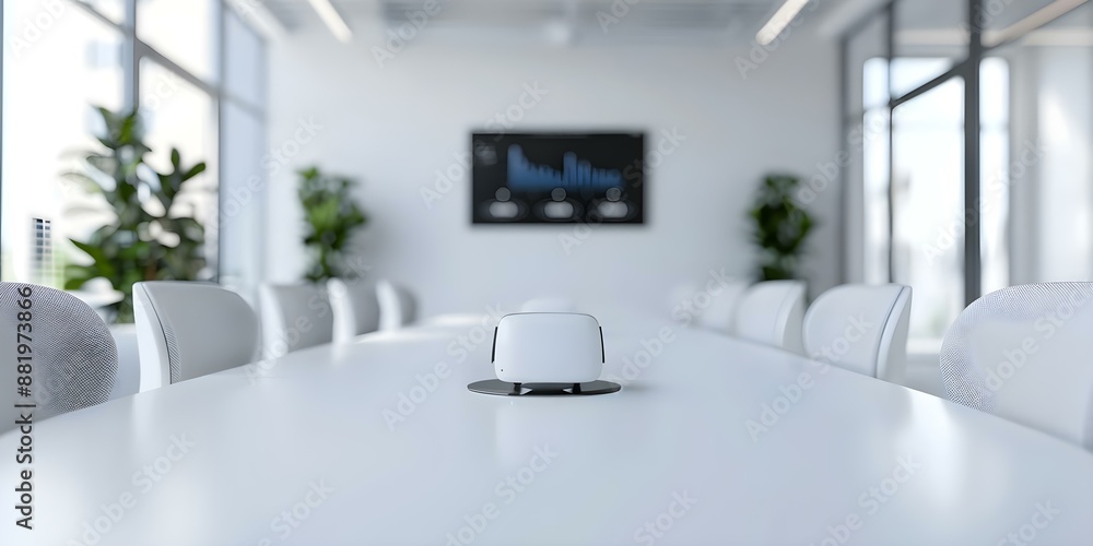 Poster virtual reality meeting room with floating data points for immersive presentations. concept virtual 