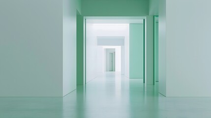 Fototapeta premium Empty white room seen through green doorway in modern hospital. 
