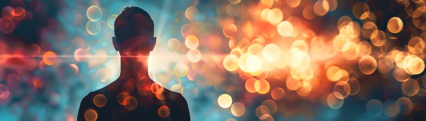Obraz premium Silhouette of a person with a vibrant, abstract background of colorful bokeh lights, creating a dreamy and surreal atmosphere.