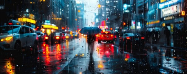 Fototapeta premium Silhouette of person with umbrella walking on rainy city street at night, illuminated by colorful lights and reflections.