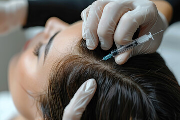 Fototapeta premium Doctor's hands in protective medical gloves make an injection for hair growth and beauty. Cosmetology clinic. Medical concept. Head rejuvenation.