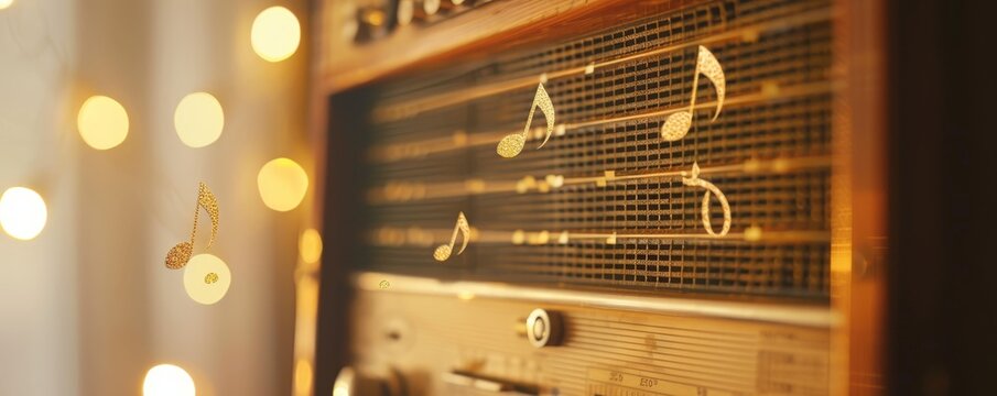Vintage radio with glowing musical notes and soft bokeh lights, creating a warm, nostalgic ambiance for music lovers and retro enthusiasts.