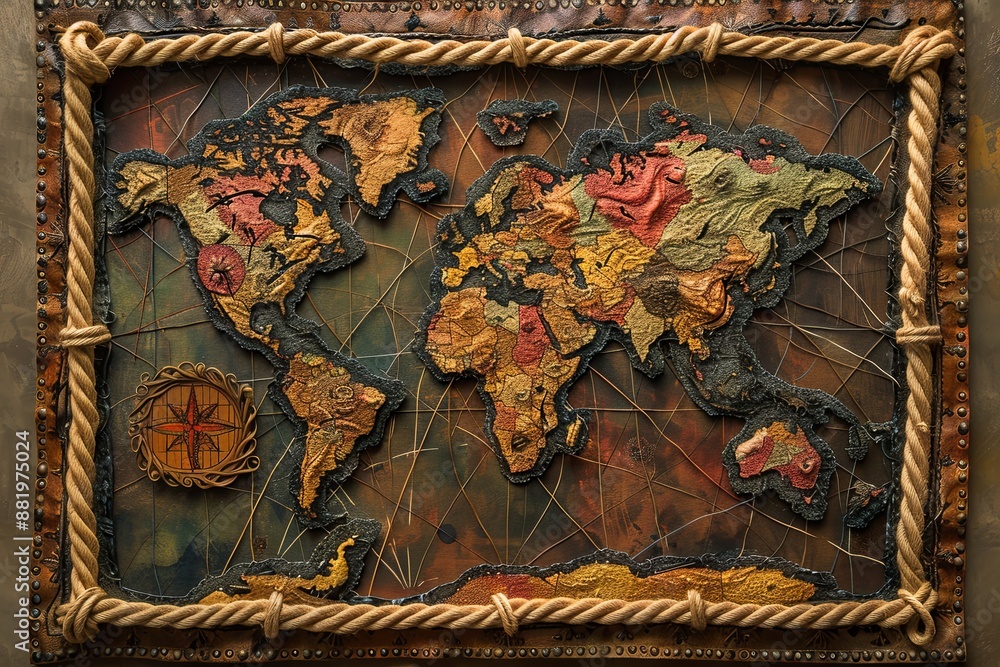Poster a world map framed with rope and string, featuring intricate details in various colors. generative a
