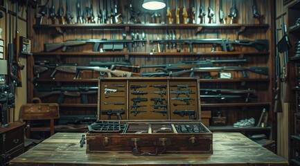 An armory displaying an open wooden case with various firearms on a workbench, surrounded by weapons and equipment.