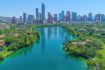 Obraz premium Aerial view of Austin Texas featuring Lady Bird Lake and the city skyline