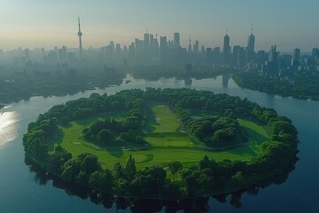 Aerial view of a golf course on a small island in a lake with a big city in the background