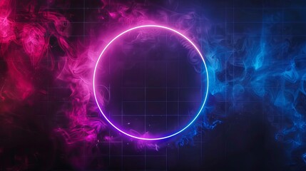 Neon circle with blue and pink glows with smoke and particles on a laser grid space background. Great for posters, covers, wallpapers, or website banners.