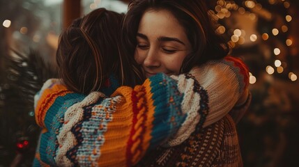 Two friends hugging warmly in a festive setting