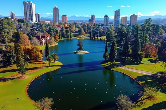 Breathtaking aerial view of a city park with a tranquil lake and lush greenery