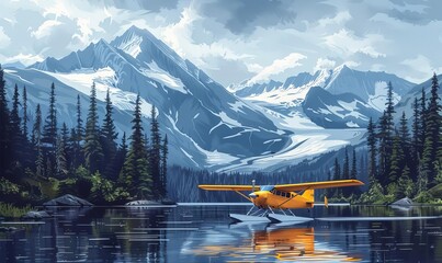 Vibrant Seaplane in Serene Mountain Lake with Snowy Peaks and Pine Trees