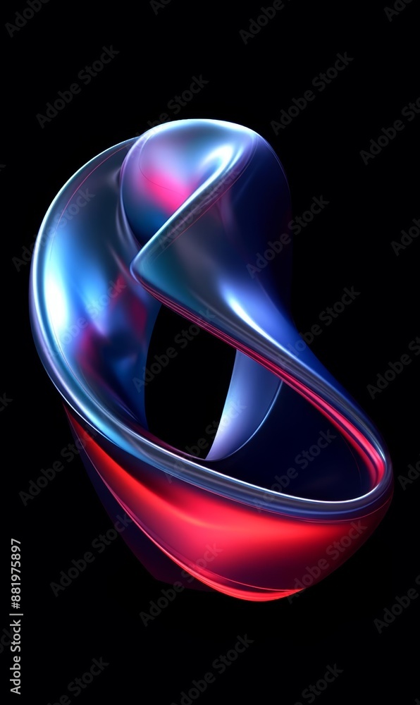 Poster abstract red and blue 3d render with curved shapes on black background
